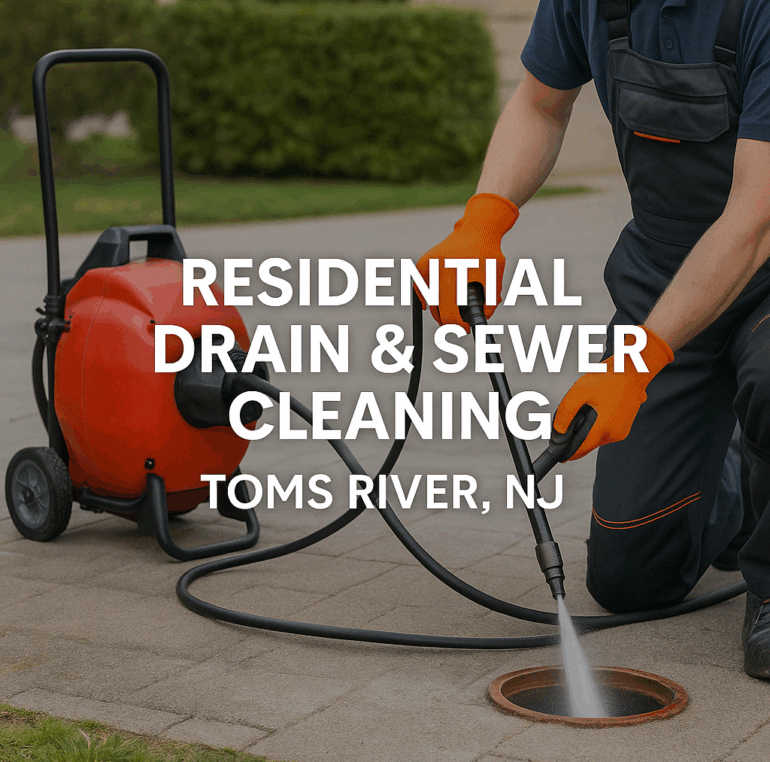 Technician performing residential drain and sewer cleaning using hydro jetting equipment in Toms River, NJ